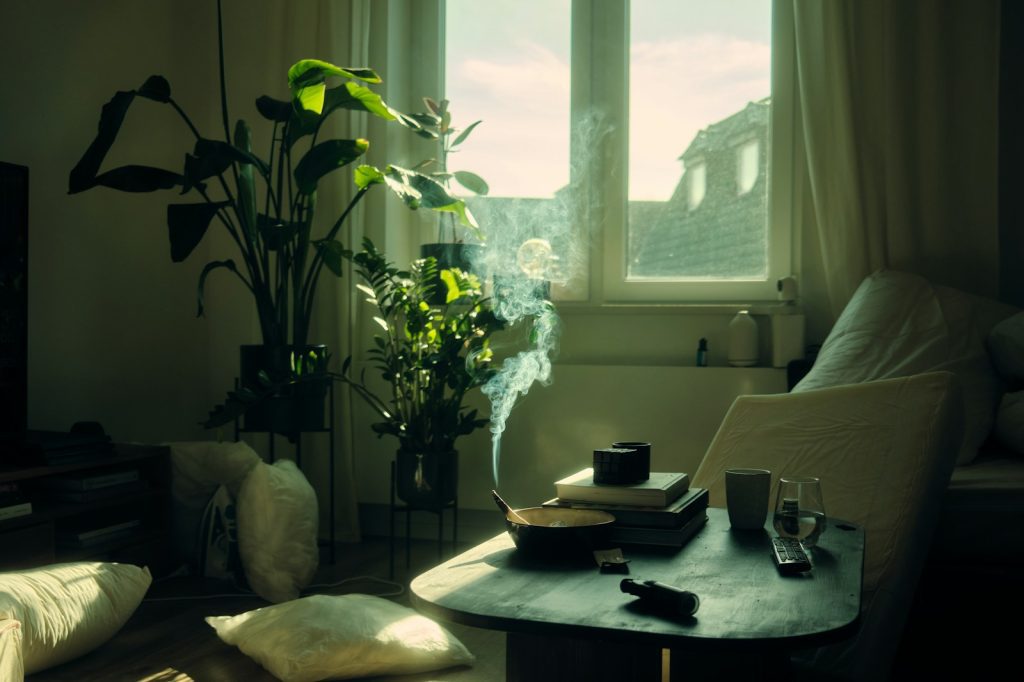 a living room with a couch, table and a potted plant