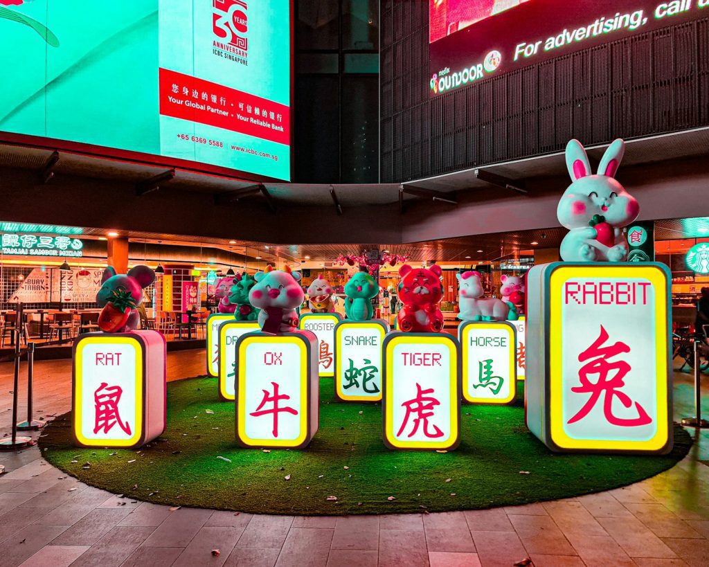 a display in a mall filled with lots of signs