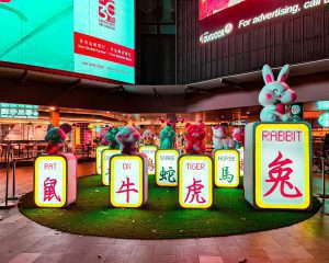 a display in a mall filled with lots of signs